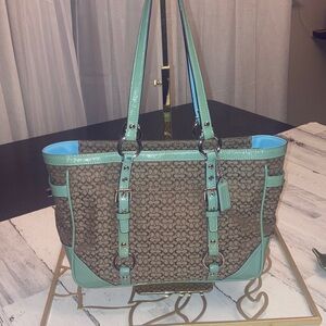 Vintage Coach  East West Gallery Monogram Tote with Mint Trim and Blue Interior